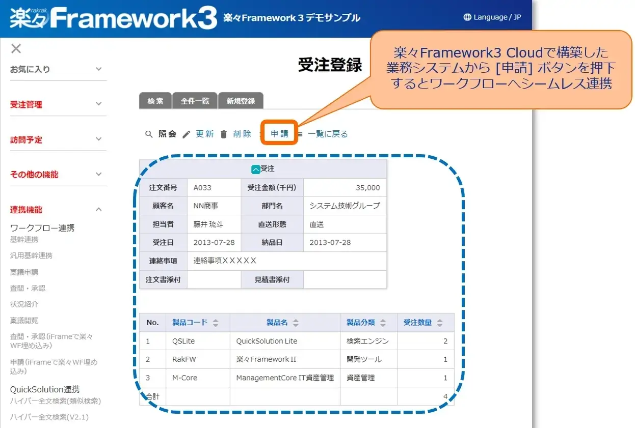 楽々Framework3 Cloudで構築した業務システムのイメージ