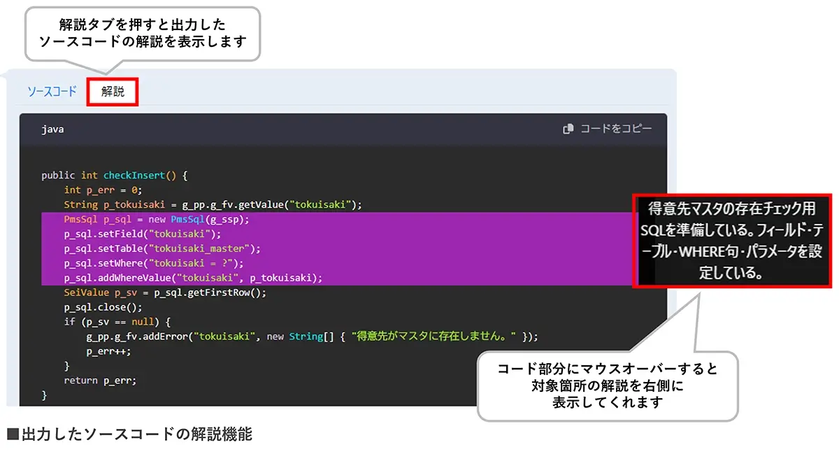 出力したソースコードの解説機能